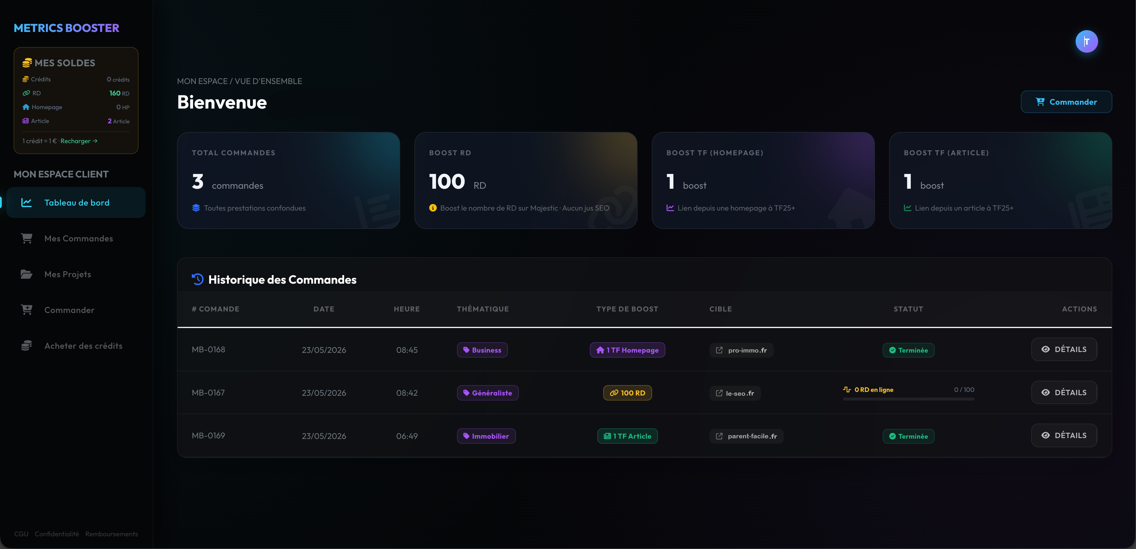 Tableau de bord client MetricsBooster avec suivi des injections et de l'évolution des métriques Majestic